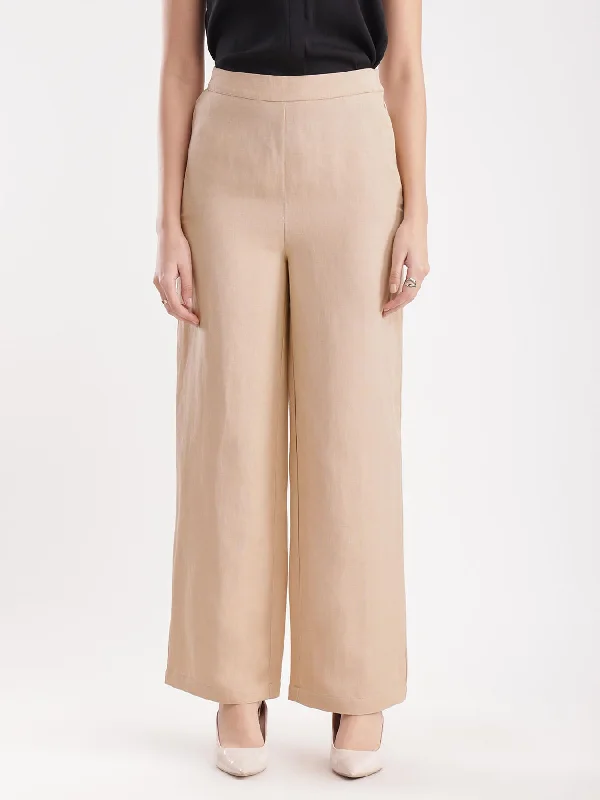 Linen Elasticated Wide Leg Pants - Beige