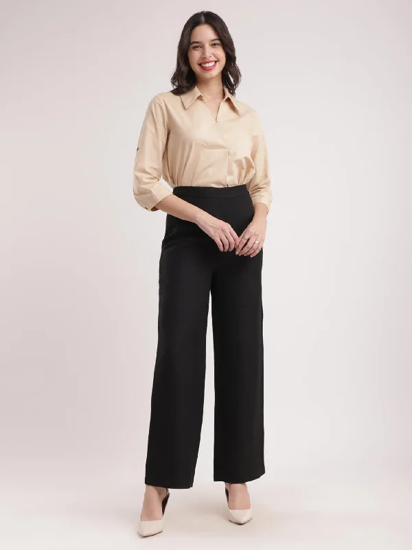 Linen Elasticated Wide Leg Trouser - Black