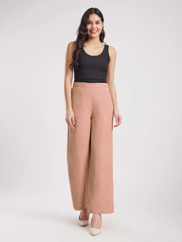 Linen Elasticated Wide Leg Trousers - Dusty Pink