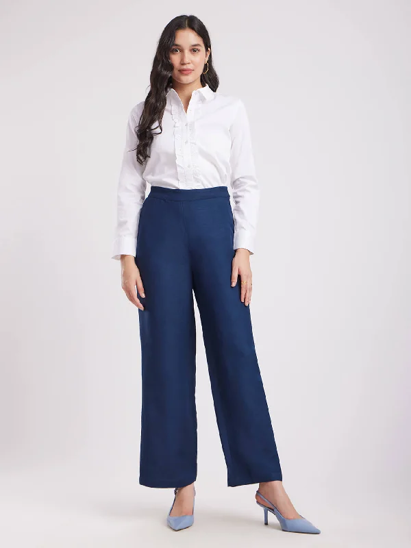 Linen Elasticated Wide Leg Trouserss - Navy Blue