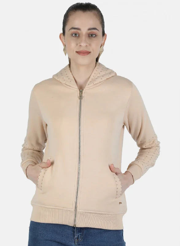 Women Beige Solid Sweatshirt