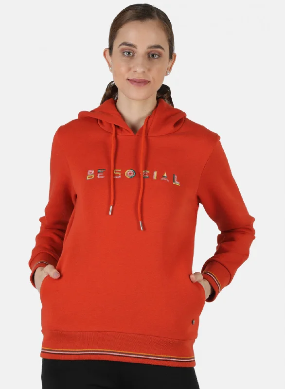 Women Orange Embroidered Sweatshirt