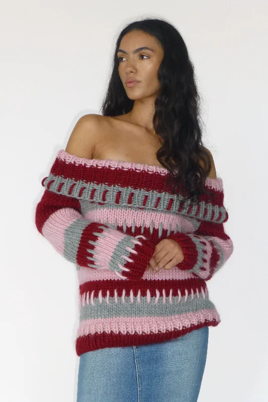 Patchwork Chunky Knit Off The Shoulder Sweater