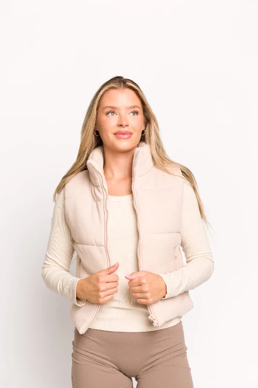 Greer Puffer Vest with Zipper in Beige