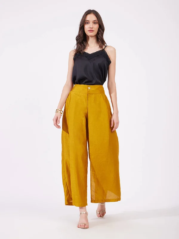 Silk Wide Leg Trousers - Mustard