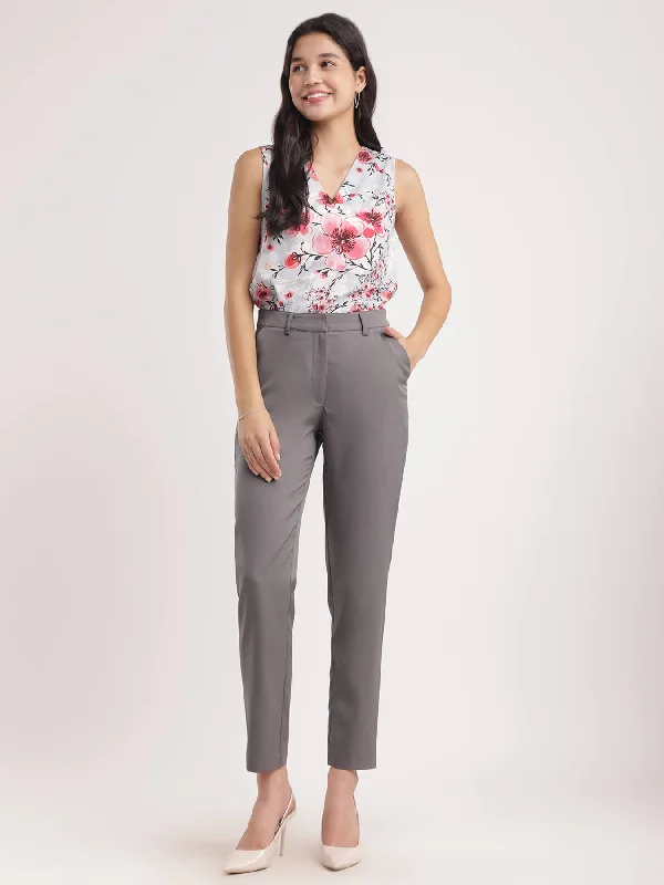 Tapered Mid Rise Trousers - Grey