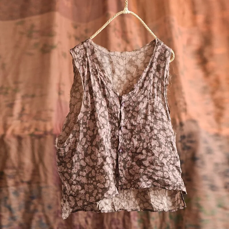 Women Summer Retro Floral Linen Loose Vest