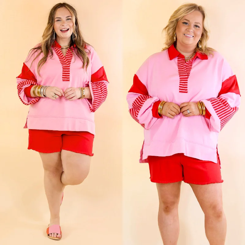 Chic Comfort Collared Long Sleeve Sweatshirt in Pink