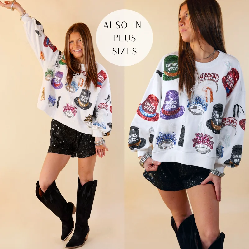 Queen Of Sparkles | Sequin New Years Hat Long Sleeve Graphic Sweatshirt in White