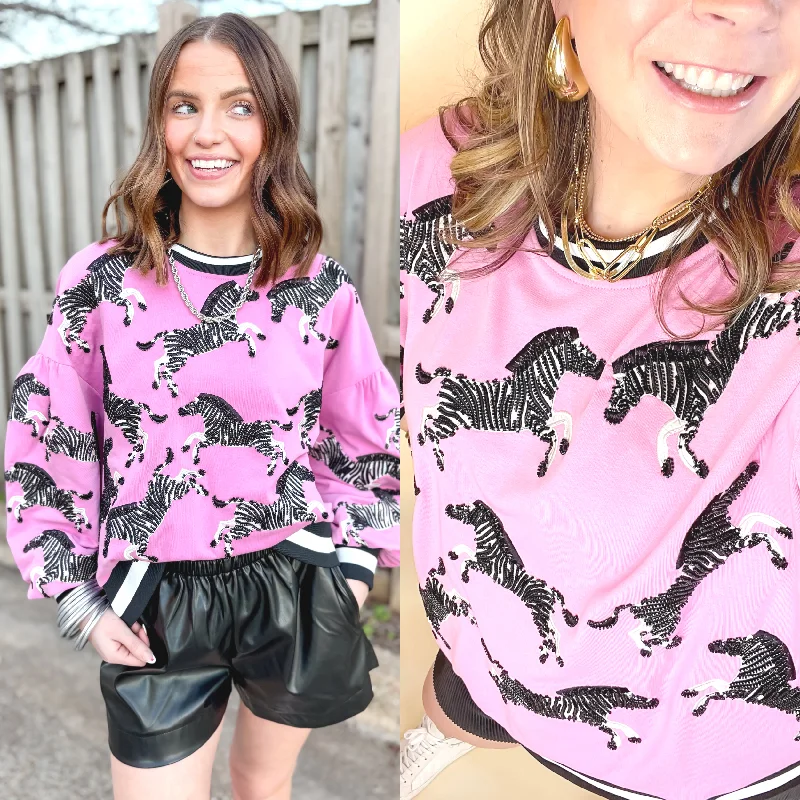 Queen Of Sparkles | Wild Expedition Fully Beaded Zebra Print Long Sleeve Sweatshirt in Pink