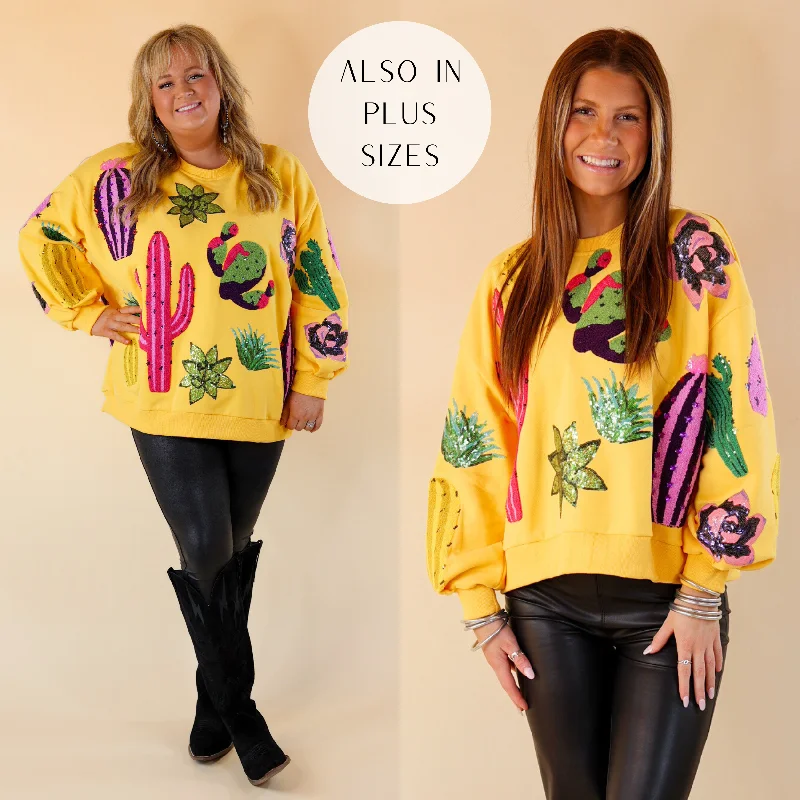 Queen Of Sparkles | Desert Daisy Sequin Cacti Long Sleeve Sweatshirt in Yellow