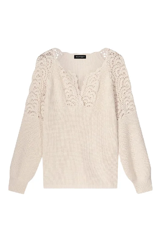 Repeat Cashmere Split Neck Cotton Sweater with Crochet Details in Ivory