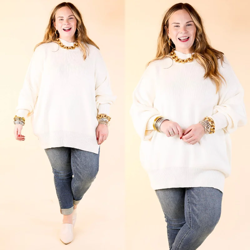 Snug and Stylish Mock Neck Sweater with Side Slit in Ivory