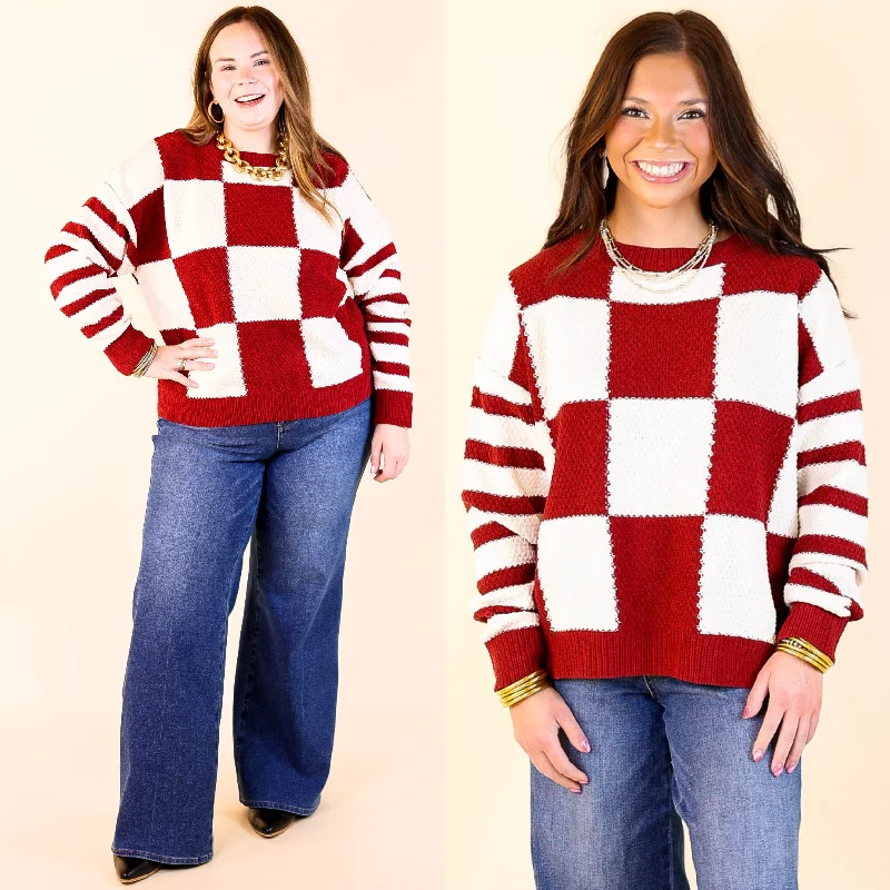 Split Decision Dual Patterned Long Sleeve Sweater in Maroon