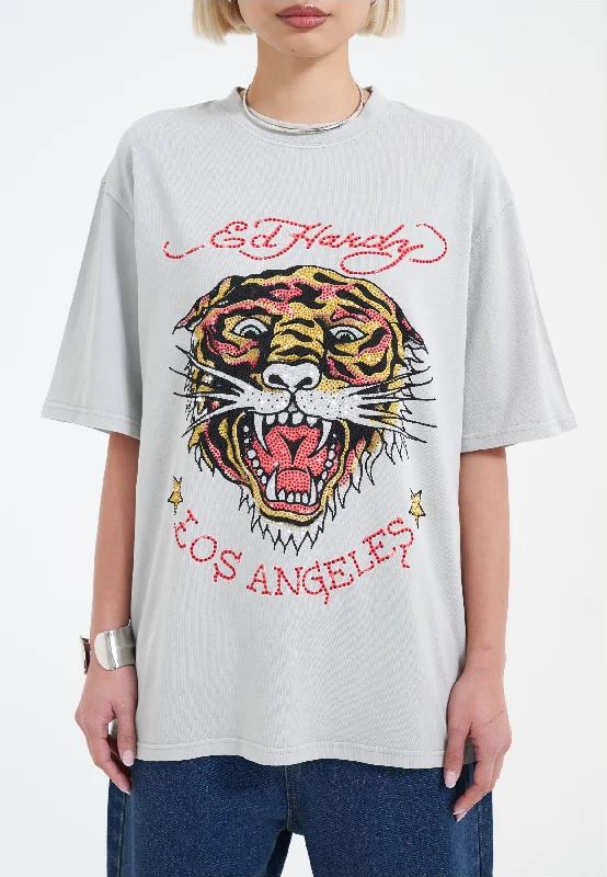 Womens La Tiger Vintage Diamante Tshirt - Grey