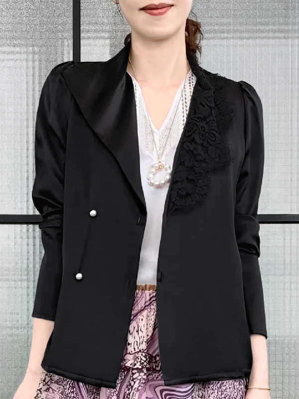 Last Chance! Black Asymmetrical Lace Collar Long Sleeve Silk Shirt