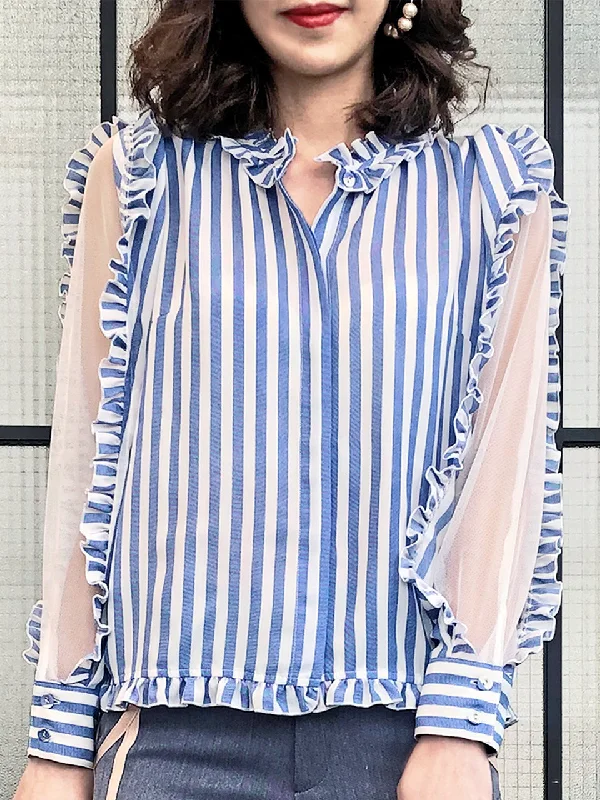 Blue Stripe Mesh Layered Sleeve Ruffle Cotton Blend Blouse