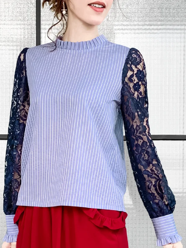 Blue Stripe Navy Lace Sleeves Ruffle Collar Blouse