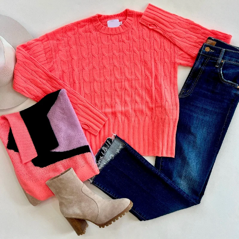 Br053 Neon Coral Cable Crew Sweater