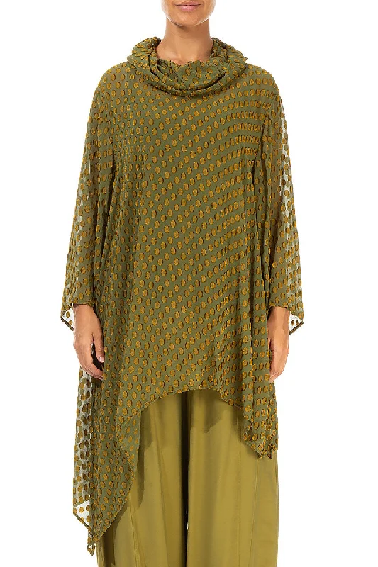 Bubbly Pattern Asymmetric Olive Silk Tunic