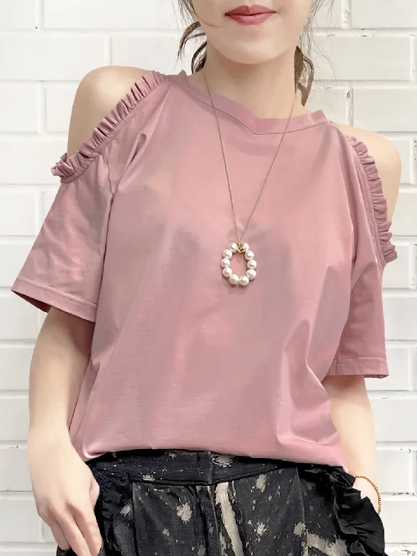 Surprise Sale! Pink Ruffle Off the Shoulder Cotton Blend Tee