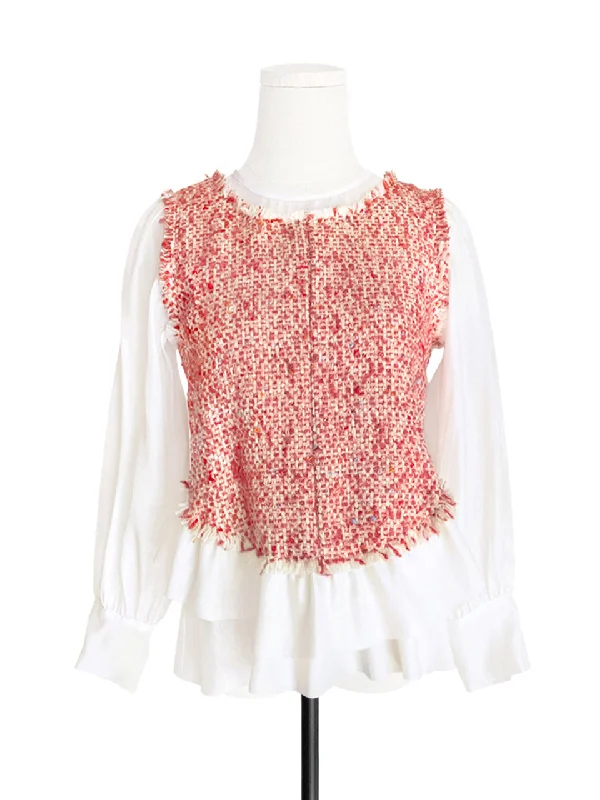 Surprise Sale! White Organza Patch Bouclè Woollen Ruffle Top