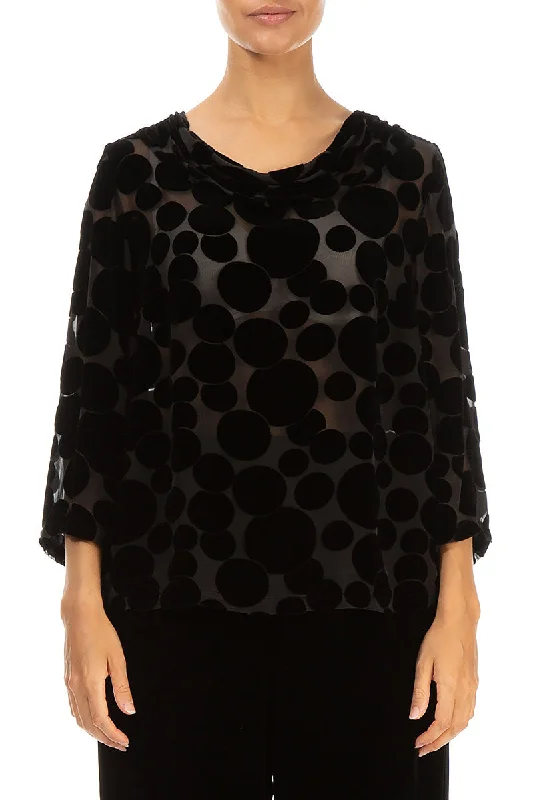 Cowl Neck Devoré Bubbles Black Silk Velvet Blouse