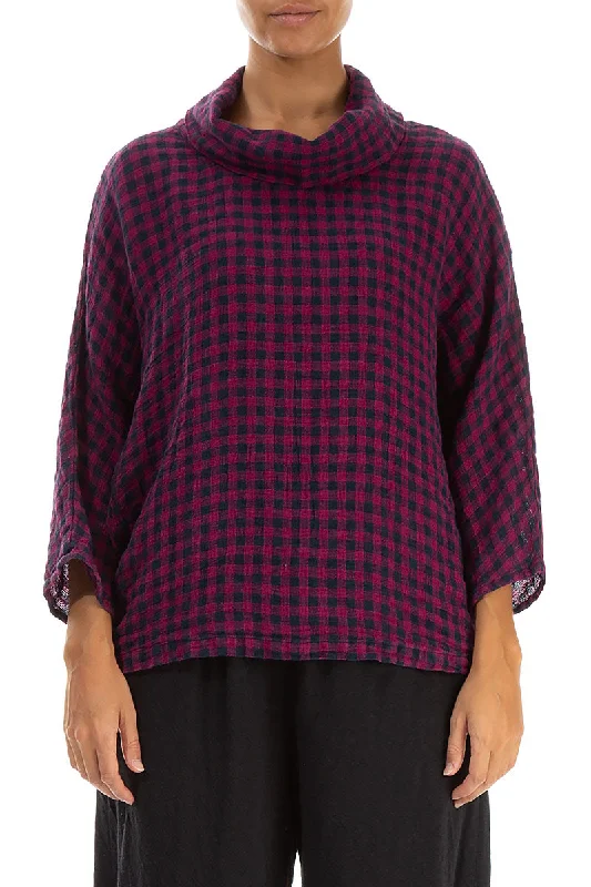 Cowl Neck Magenta Check Linen Blouse