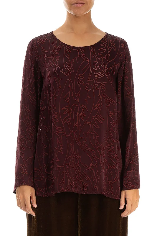 Devoré Feather Merlot Silk Blouse