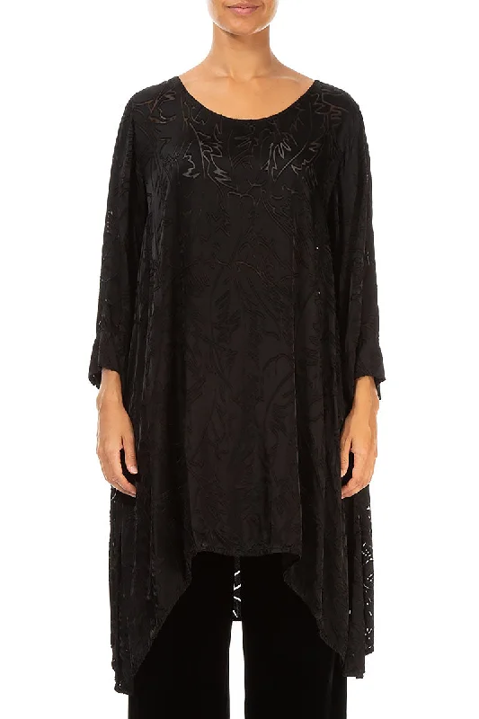 Dropped Edge Black Devoré Feather Silk Tunic