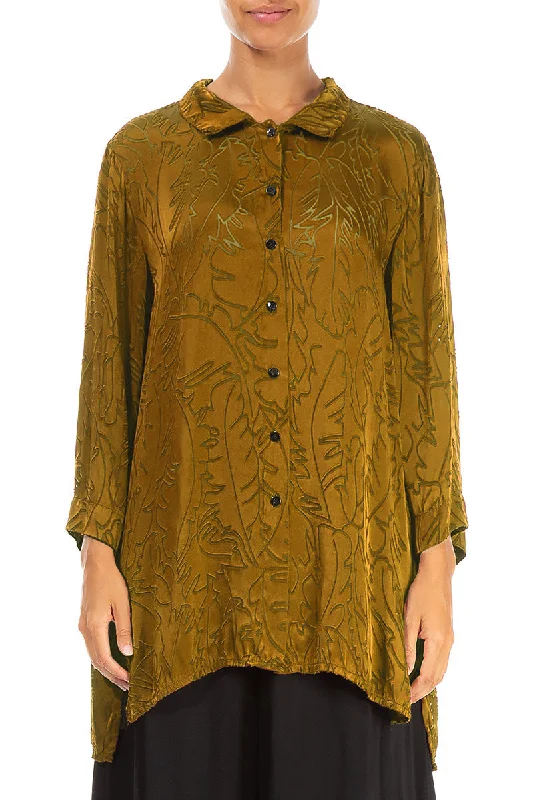 Golden Olive Devoré Feather Silk Shirt