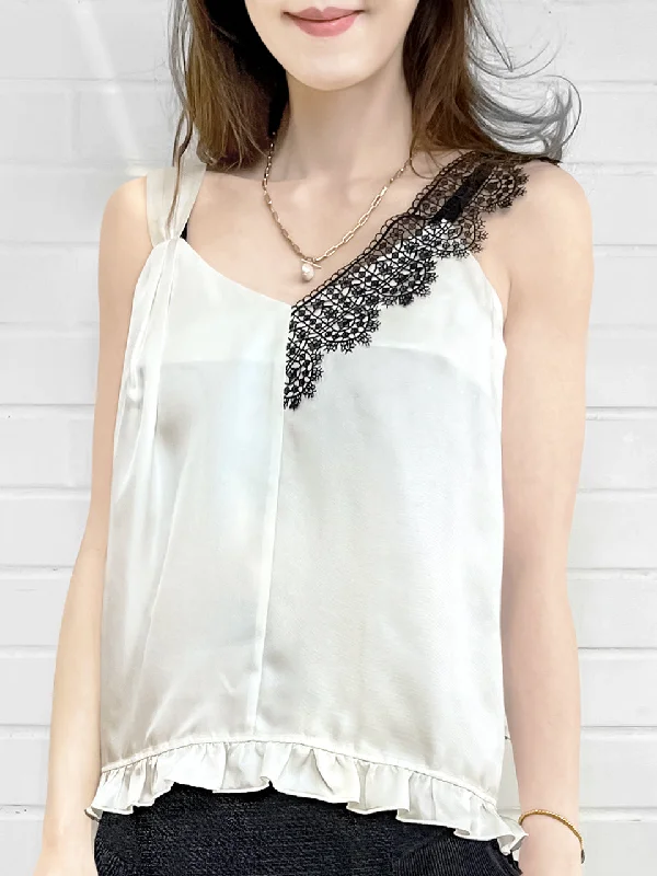 SPECIAL! Ivory White Asymmetrical Lace Strap Ruffle Hem Silk Tank