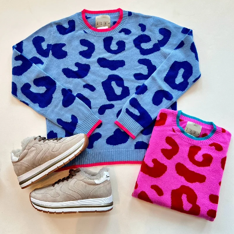 Ju1223 Blue Leopard Crew Sweater