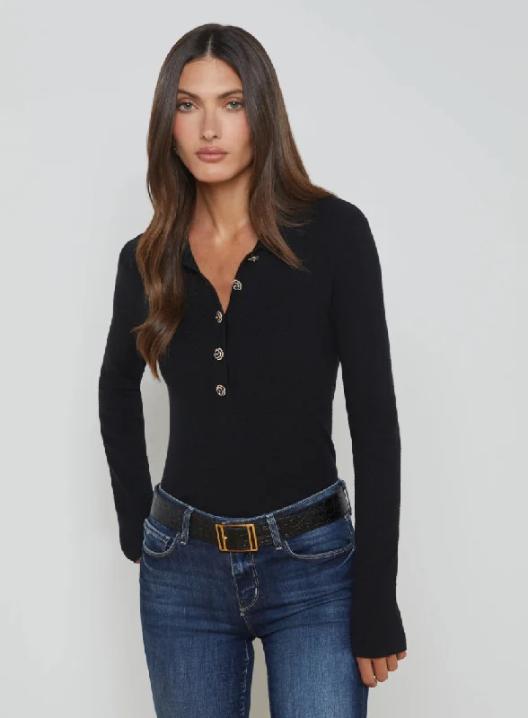 La8983 Jeweled Button Henley Sweater