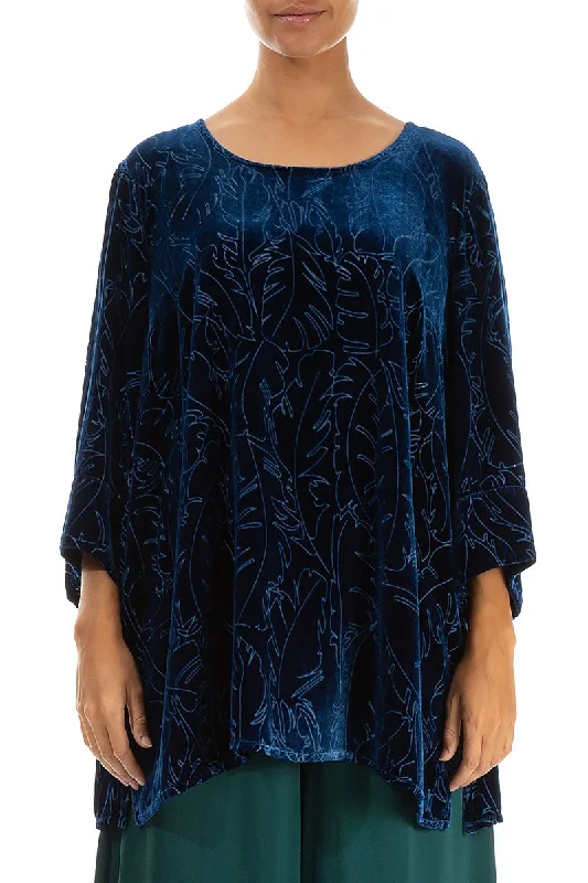 Loose Azure Devoré Feather Silk Velvet Tunic