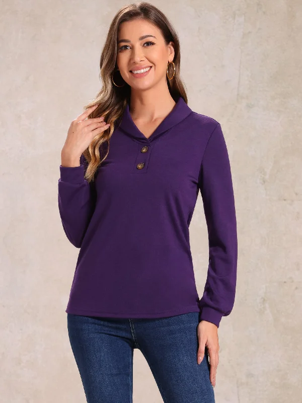 Collared Long Sleeve Button Casual Solid Blouse