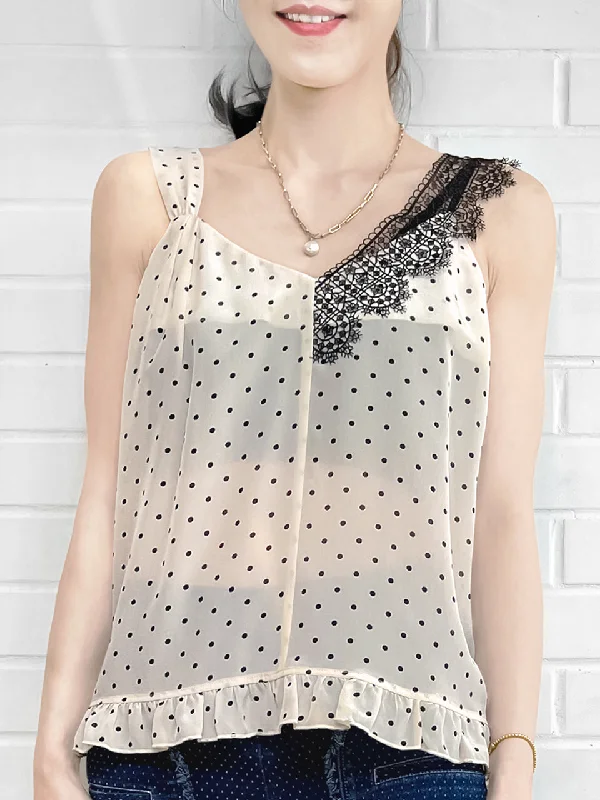 SPECIAL! Polka Dot Asymmetrical Lace Strap Ruffle Hem Silk Tank