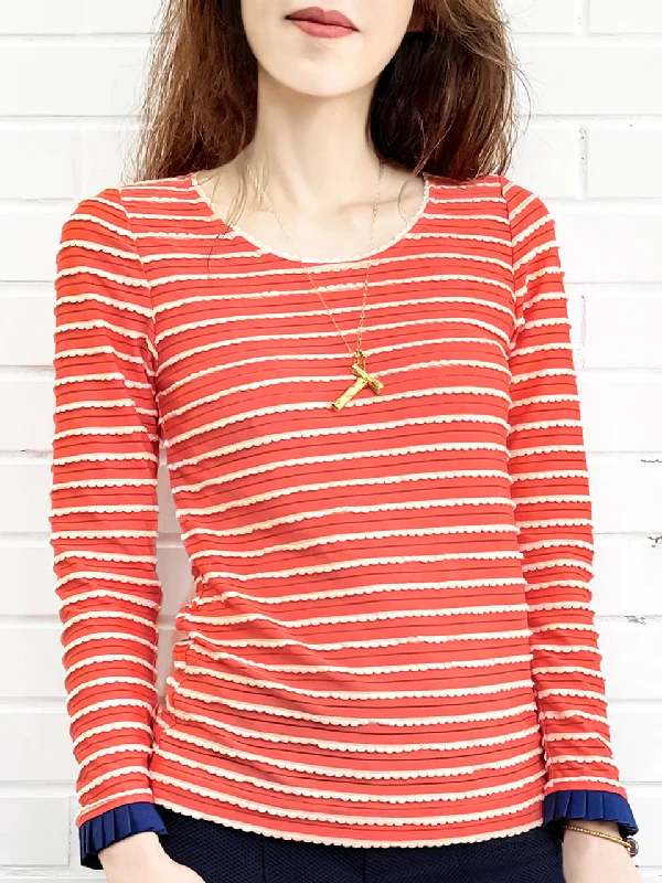 Last Chance! Red Orange Scalloped Stripes Contrast Ruffle Cuff Knit Top