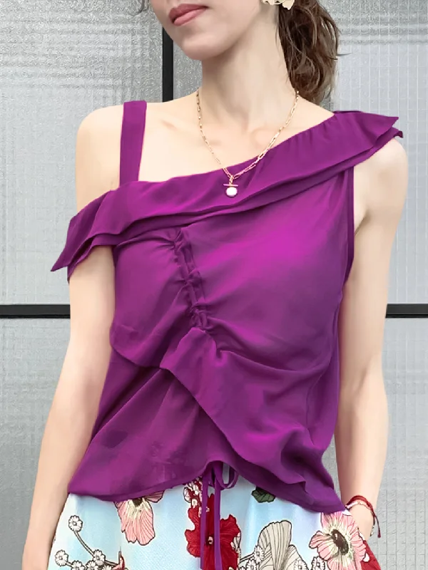 Surprise Sale! Red Violet Asymmetrical Drawstring Silky Top