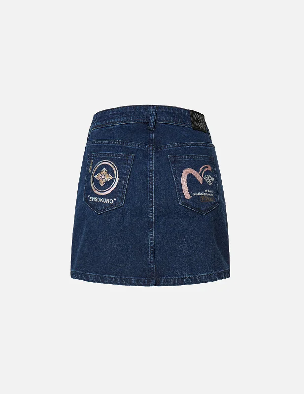 Kamon and Seagull Embroidered Denim Skirt