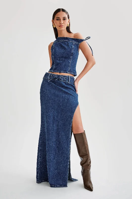 Ramsey Denim Maxi Skirt With Split - Dark Blue